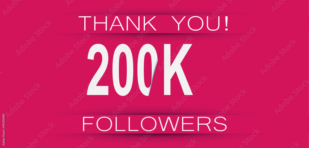200k followers celebration. Social media achievement poster,greeting card on pink background.