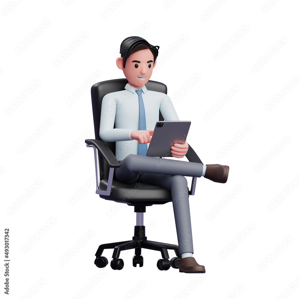 Young businessman sitting with crossed legs playing tablet, 3d render illustration Young businessman sitting with crossed legs playing tablet, 3d render illustration