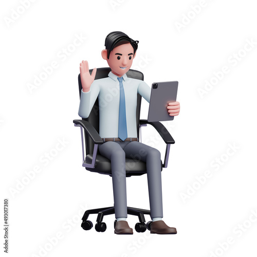 Young businessman sitting on chair making video call with tablet, 3d render illustration