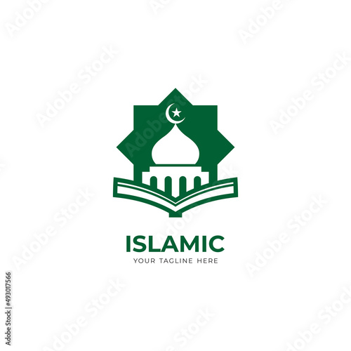simple green islamic logo design, modern islamic logo with mosque and book shape vector