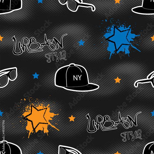 urban pattern for guys with stars, glasses, cap, grunge texture and text