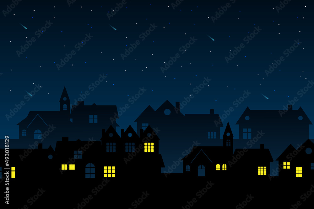 illustration of a night city. Night sky with moon with house silhouettes. Silhouette of the city and night sky with stars and moon. Vector EPS 10.