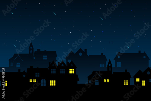 illustration of a night city. Night sky with moon with house silhouettes. Silhouette of the city and night sky with stars and moon. Vector EPS 10.