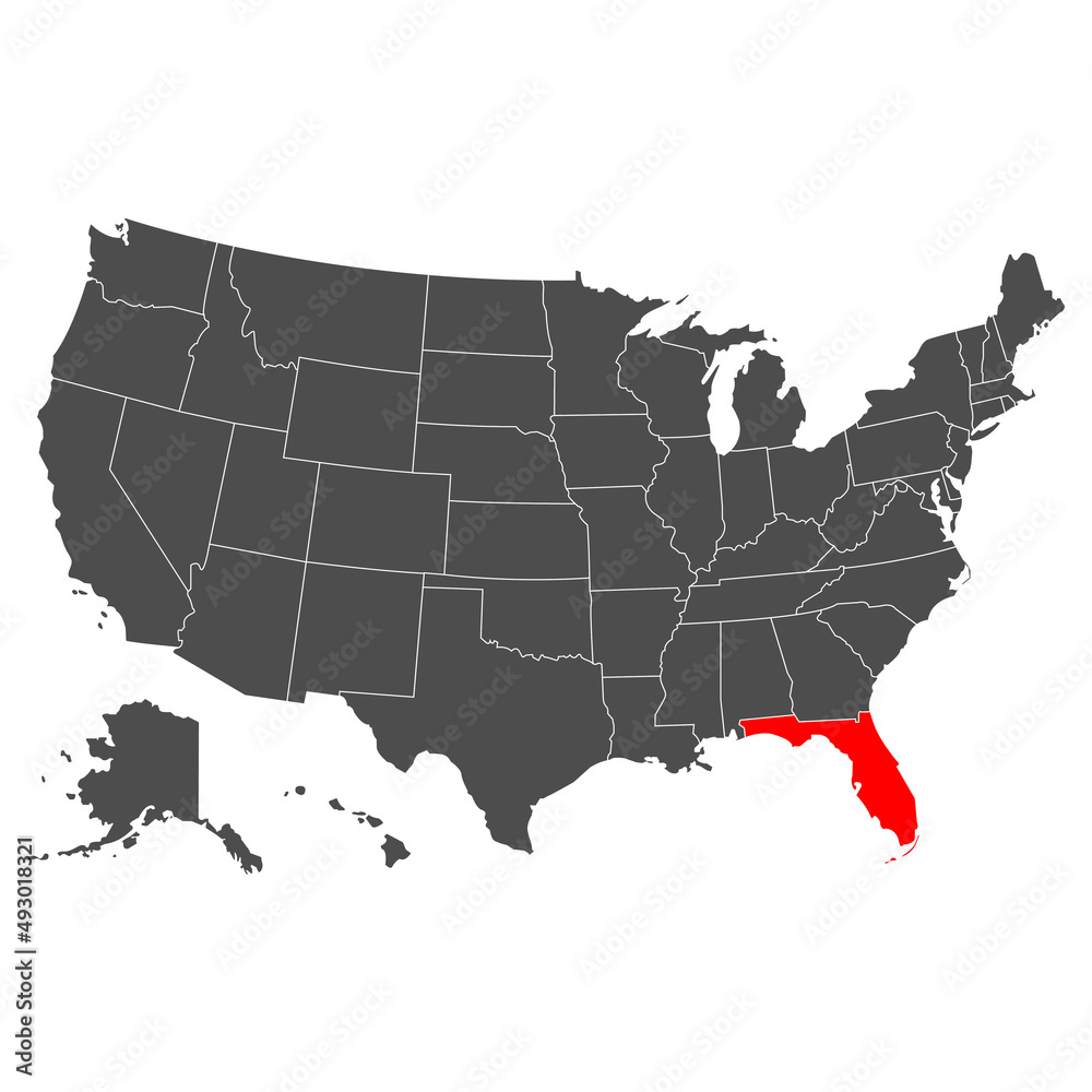 Vector map of Florida. High detailed illustration. Country of the United States of America. Flat style. Vector