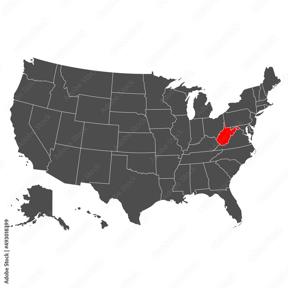 West Virginia vector map. High detailed illustration. Country of the United States of America. Flat style. Vector