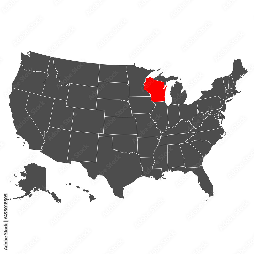 Vector map of Wisconsin. High detailed illustration. Country of the United States of America. Flat style. Vector