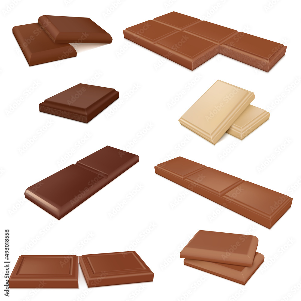 Collection chocolate bars 3d realistic vector milk dark and white candy dessert cocoa cubes