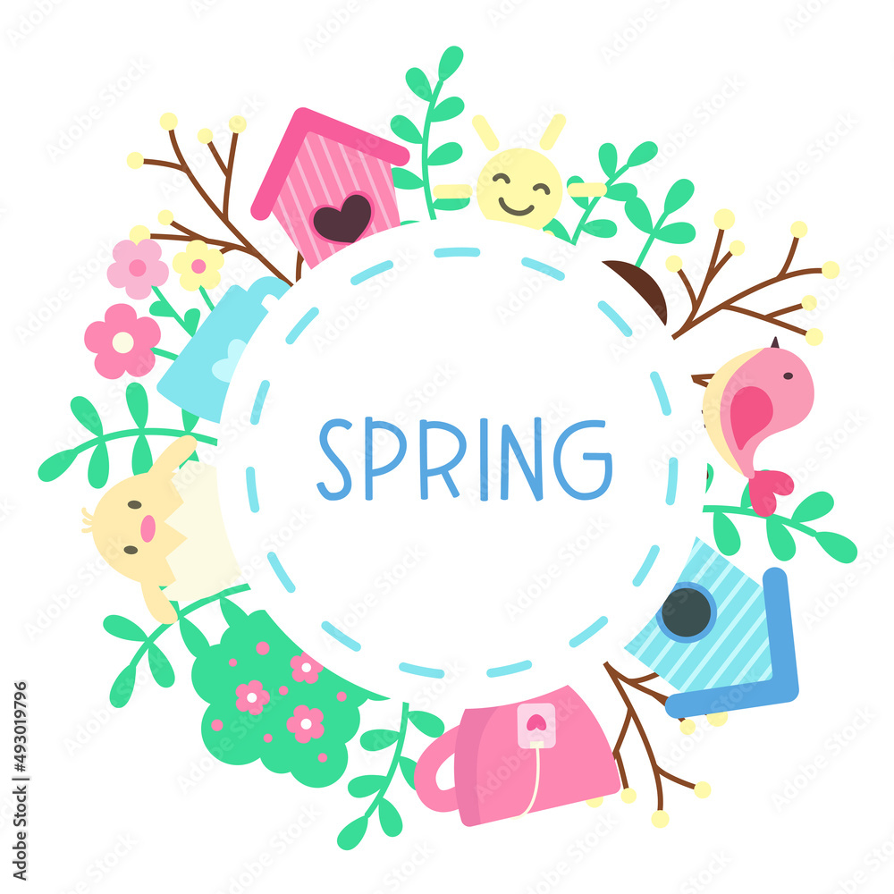 Frame with spring flowers and elements, spring inscription. Floral round frame with different stickers and prints. Print for greeting cards, invitations, posters, flyers, design and decor Frame with spring flowers and elements, spring inscription. Floral round frame with different stickers and prints. Print for greeting cards, invitations, posters, flyers, design and decor