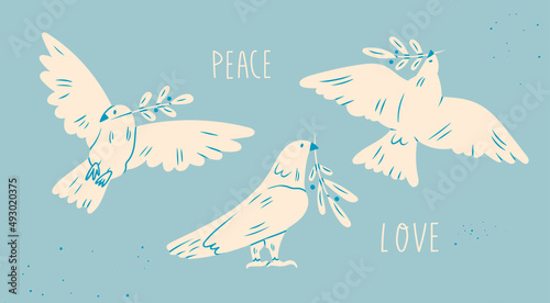 Dove of peace. Flying and standing Birds with an olive branches. Peace and love, freedom, no war concept. Hand drawn modern Vector illustration. All elements are isolated. Support Ukraine, stop war