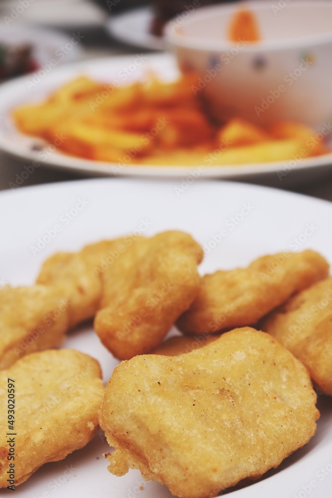 Fried chicken nuggets on table food