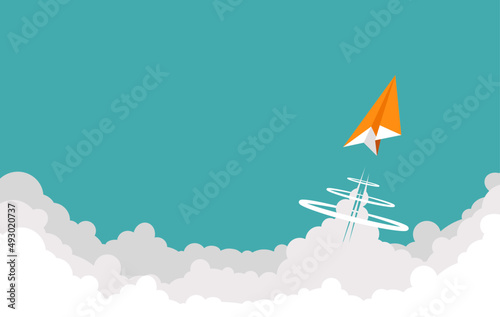 One Orange paper plane fly supersonic speed on the sky. Vector illustration flat design for poster, banner, presentation, and background.
