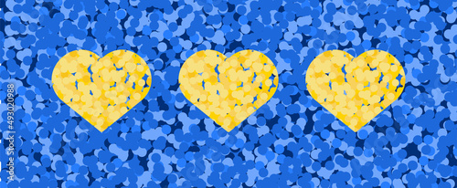 Yellow hearts on blue horizontal background. Ukraine flag colors. Patriotic 11 oz mug sublimation vector design.