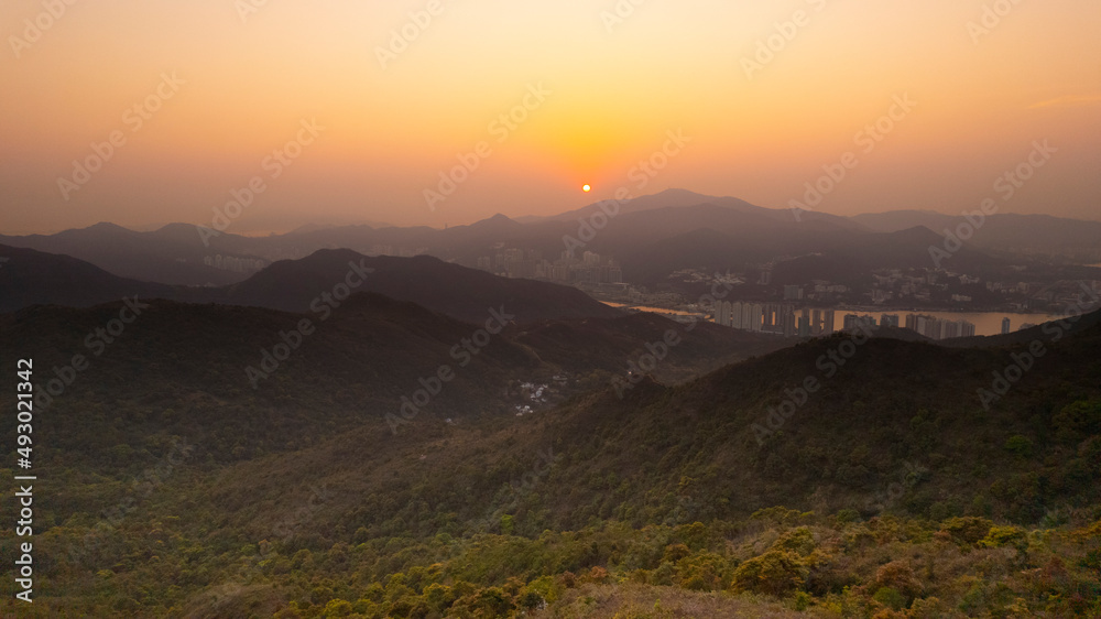 sunset view of Wan Kok Shan, Sai Kung in Hong Kong with the townscape
