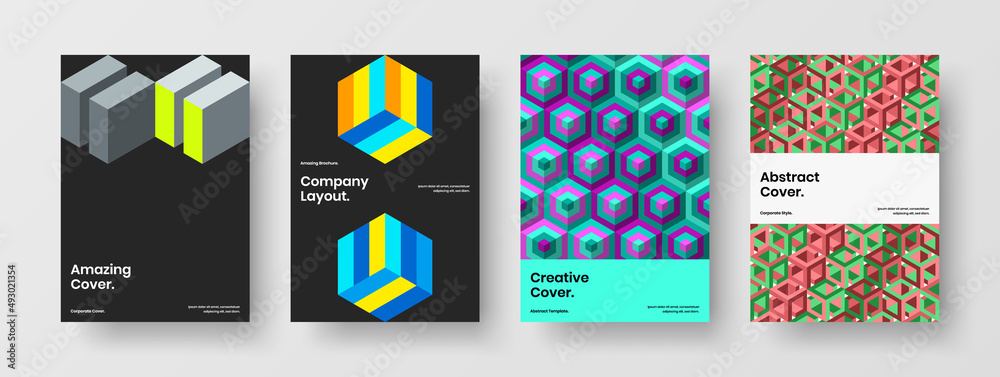 Minimalistic mosaic tiles poster layout set. Simple company brochure vector design template composition.