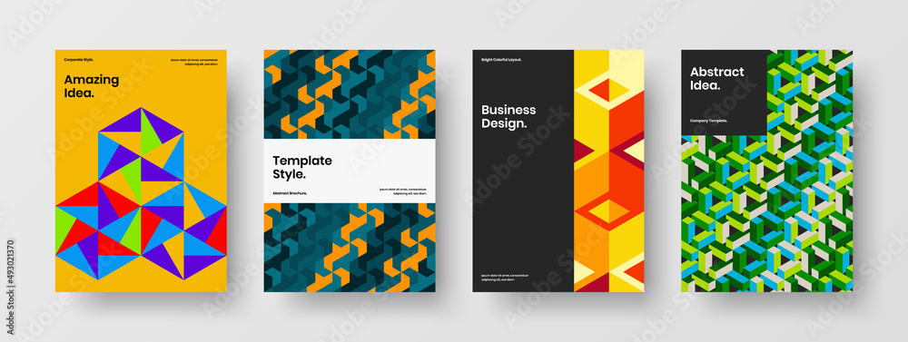 Multicolored corporate brochure A4 design vector concept bundle. Vivid geometric pattern journal cover template collection.