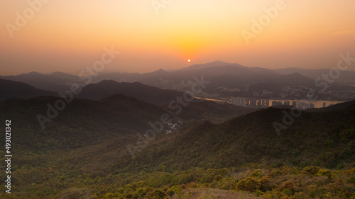 sunset view of Wan Kok Shan, Sai Kung in Hong Kong with the townscape