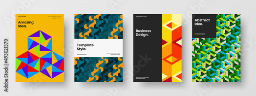 Multicolored corporate brochure A4 design vector concept bundle. Vivid geometric pattern journal cover template collection.