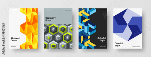 Fresh company identity vector design template collection. Original mosaic hexagons annual report layout composition.