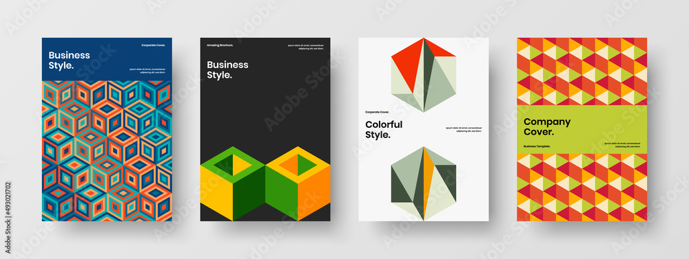 Bright mosaic hexagons handbill layout bundle. Fresh catalog cover vector design concept collection.
