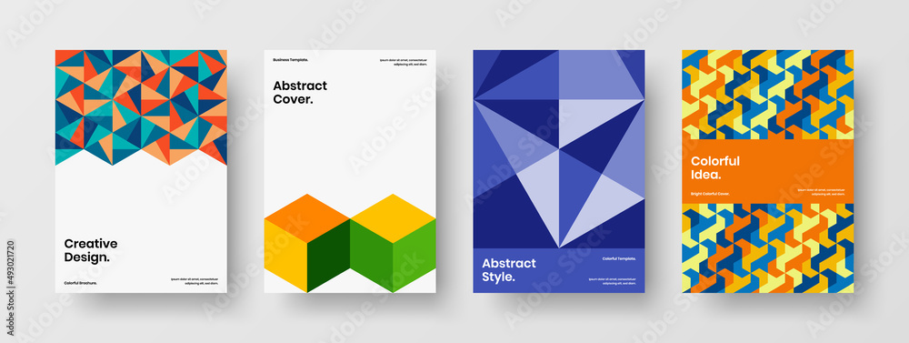 Clean magazine cover A4 design vector concept bundle. Minimalistic geometric hexagons brochure illustration collection.