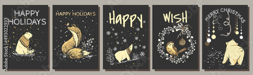 set of 5 christmas cards set of 5 cards for christmas, fox, polar bear, bird, plants on a dark background, graphic illustration with hands, vector, design of greetings, invitations to the new year, ch