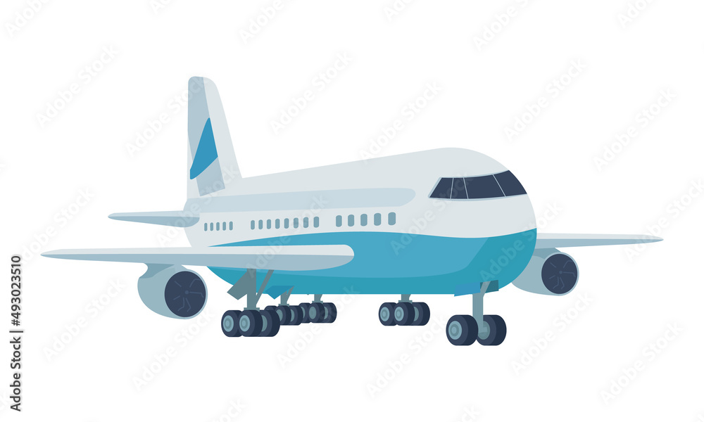 Obraz premium Aircraft semi flat color vector object. International flight. Air travel. Full sized item on white. Domestic airline. Aeronautics simple cartoon style illustration for web graphic design and animation
