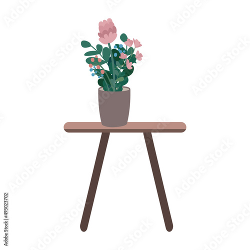Coffee table with houseplant semi flat color vector object. Beautiful flowers. Full sized item on white. Flowering plant in pot simple cartoon style illustration for web graphic design and animation