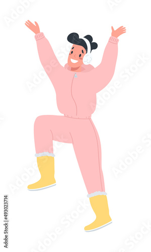 Jumping smiling girl with headphones semi flat color vector character. Full body person on white. Zumba workout. Dance fitness simple cartoon style illustration for web graphic design and animation