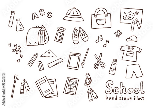 学校生活で使う道具の手描きベクター線画イラスト