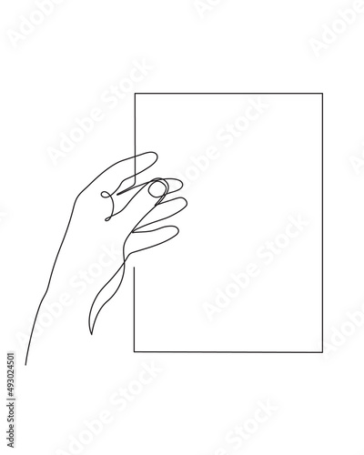 Hand holds paper sheet, one line art, hand drawn continuous contour. Document, blank sheet, announcement.Minimalist design.Editable stroke.Isolated.Vector illustration
