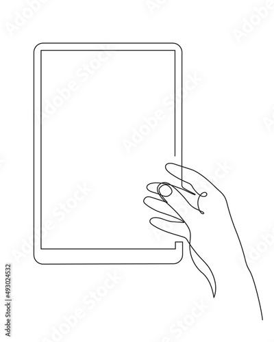 Hand holding tablet, one line art, hand drawn continuous contour.Template, mock-up of empty touch screen. Space for your image or text. Editable stroke, minimalist design.Isolated. Vector illustration