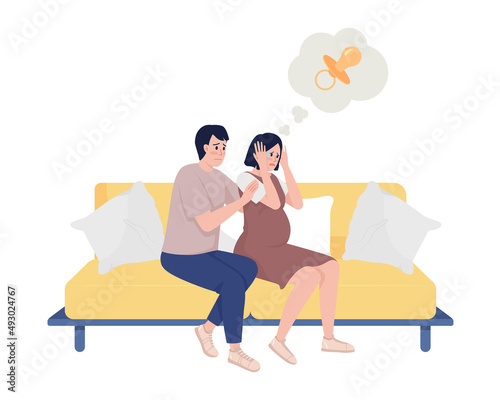Pregnancy panic episode semi flat color vector characters. Sitting figures. Full body people on white. Reassuring partner simple cartoon style illustration for web graphic design and animation