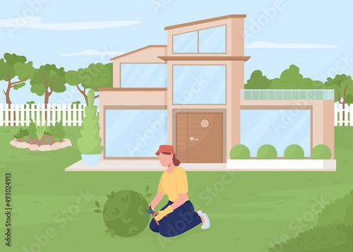 Taking care of plants outdoor flat color vector illustration. Garden maintenance. Removing broken branches. Woman pruning bush in garden 2D simple cartoon character with house on background