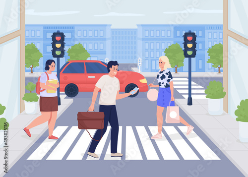 Busy town flat color vector illustration. Modern urban lifestyle. Public area. Busiest crosswalk. Pedestrians crossing road 2D simple cartoon characters with cityscape on background