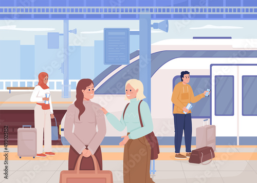People waiting at train station flat color vector illustration. Modern urban lifestyle. Railway station. Public area. Passengers 2D simple cartoon characters with cityscape on background