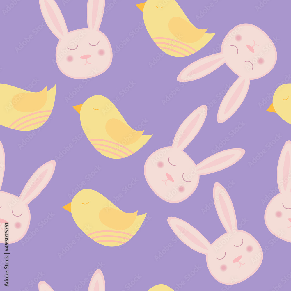 seamless pattern with bird and bunny on purple background seamless pattern with bird and bunny on purple background