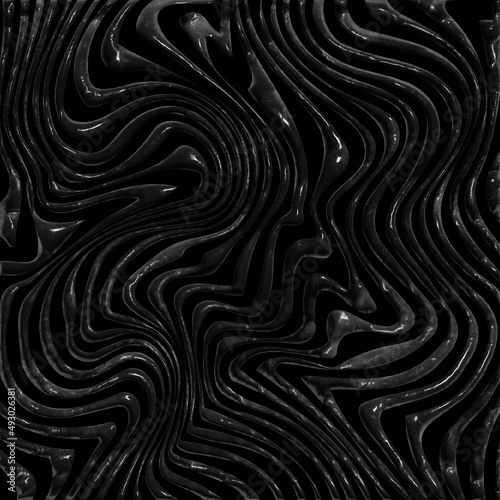 Dark image with curved lines in 3d. Black and white abstract background. Resin, leather, metallic.