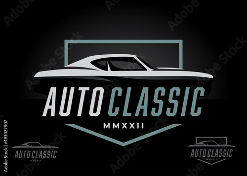 Classic sports car logo badge design. American performance motor vehicle silhouette icon. Auto dealership showroom sign. Automotive retro garage workshop symbol. Vector illustration.