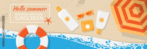 Watering moisture sunscreen cosmetics on sea or ocean background. Sunblock advertisement on the beach. Skin and body care, hello summer on vacation