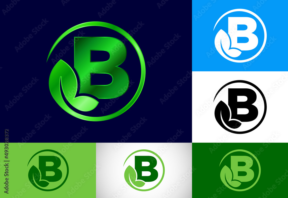 Initial B monogram alphabet with leaf. Eco-friendly logo concept. Font emblem. Modern vector logo for ecological business and company identity Initial B monogram alphabet with leaf. Eco-friendly logo concept. Font emblem. Modern vector logo for ecological business and company identity
