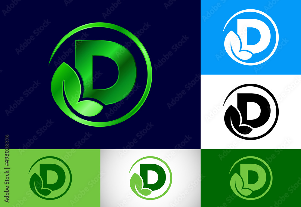 Initial D monogram alphabet with leaf. Eco-friendly logo concept. Font emblem. Modern vector logo for ecological business and company identity Initial D monogram alphabet with leaf. Eco-friendly logo concept. Font emblem. Modern vector logo for ecological business and company identity