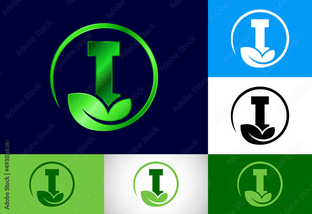Initial I monogram alphabet with leaf. Eco-friendly logo concept. Font emblem. Modern vector logo for ecological business and company identity Initial I monogram alphabet with leaf. Eco-friendly logo concept. Font emblem. Modern vector logo for ecological business and company identity
