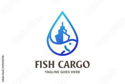 Water Drop with Fish and Ship Vessel for Fisherman Logo Design Vector