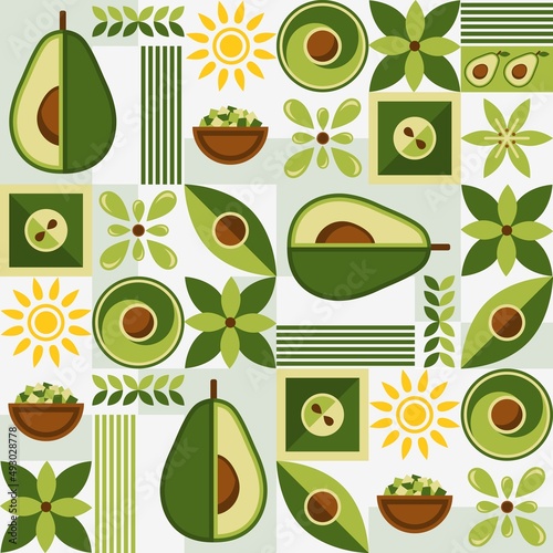 Seamless background with avocado and abstract geometric shapes. Simple minimal style. Good for branding, decoration of food package, cover design, decorative home kitchen prints