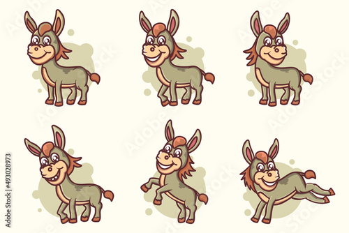 set of cute donkey cartoon mascot character. cute animal happy concept Isolated