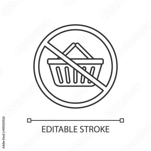 Buy less food products linear icon. Avoid overconsumption. Sustainable consumption. Grocery basket. Thin line illustration. Contour symbol. Vector outline drawing. Editable stroke. Arial font used