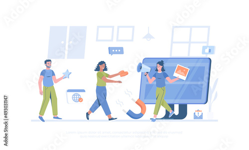 Viral Marketing, Advertising and Promotion. Social media sharing. Cartoon modern flat vector illustration for banner, website design, landing page.