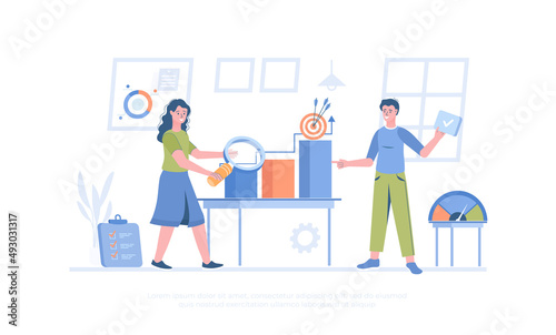 Benchmarking. Analysis of a leader competitor's company. Business development and improvement. Cartoon modern flat vector illustration for banner, website design, landing page.