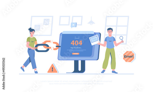 Error - Page not found 404, Go back. Link to empty non existent page. Broken link. Cartoon modern flat vector illustration for banner, website design, landing page.