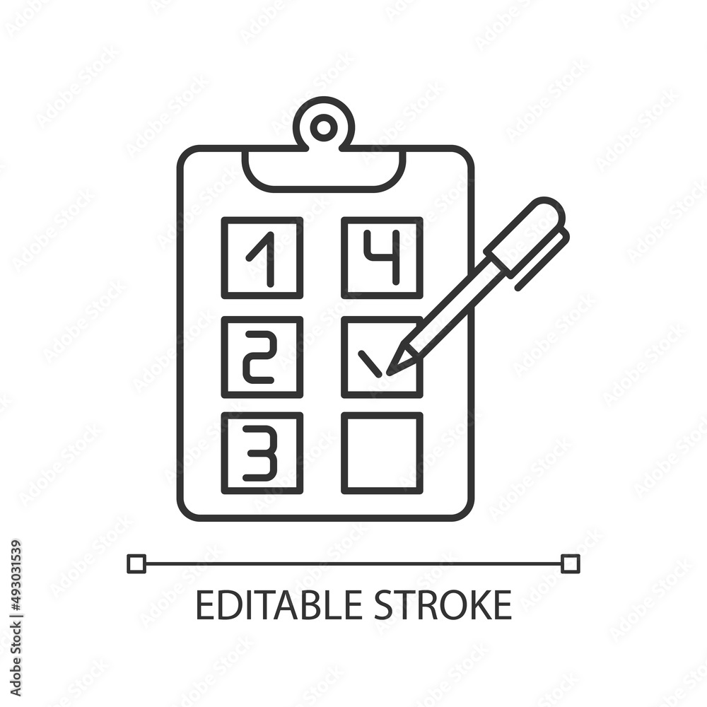 Plan adherence linear icon. Building goals. Business strategy and project. Objectives checklist. Thin line illustration. Contour symbol. Vector outline drawing. Editable stroke. Arial font used